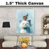Smiling White Cat with Colorful Bird on Head Playful Animal Art for Kids Room Nursery and Cat Lovers Whimsical Gift for Animal and Nature Enthusiasts on Ready to Hang 1.5" Thick Canvas Wrap, Floating Framed Canvas, Flat Rolled Canvas