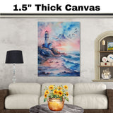 Scenic Lighthouse on Rocky Shore with Birds Flying Over Sunset Sky in Serene Watercolor Ocean Landscape Illustration on Ready to Hang 1.5" Thick Canvas Wrap, Floating Framed Canvas, Flat Rolled Canvas