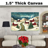 Christmas Folk Art Canvas Wall Art – Snowy Winter Scene with Red Houses, Decorated Tree & Rolling Hills – Rustic Holiday Home Décor Print on Ready to Hang 1.5" Thick Canvas Wrap, Floating Framed Canvas, Flat Rolled Canvas
