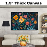 Bold Folk Art Floral Canvas – Whimsical Colorful Flower Painting on Deep Teal Textured Background on Ready to Hang 1.5" Thick Canvas Wrap, Floating Framed Canvas, Flat Rolled Canvas