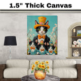 Blooming Elegance: Tuxedo Cat Mom and Three Kittens in Suits Amid Spring Flowers - Charming Seasonal Painting on Ready to Hang 1.5" Thick Canvas Wrap, Floating Framed Canvas, Flat Rolled Canvas