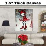 Whimsical Christmas Devil Girl Ice Skating in Red Hood and Dress Fantasy Winter Art Print or Canvas for Holiday Decor and Unique Gothic Gift on Ready to Hang 1.5" Thick Canvas Wrap, Floating Framed Canvas, Flat Rolled Canvas