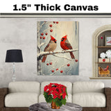 Elegant Retro Painting of Two Red Cardinals on a Snowy Branch with Winter Berries Perfect for Christmas Decor or Seasonal Nature Inspired Gift on Ready to Hang 1.5" Thick Canvas Wrap, Floating Framed Canvas, Flat Rolled Canvas