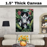 Paradise Paws: Tuxedo Mom and Three Kittens in a Tropical Forest on Ready to Hang 1.5" Thick Canvas Wrap, Floating Framed Canvas, Flat Rolled Canvas