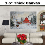Festive Winter Scene with Red Barn, Horse-Drawn Sleigh, Snow-Covered Trees, White Houses, and a Cheerful Snowman on Ready to Hang 1.5" Thick Canvas Wrap, Floating Framed Canvas, Flat Rolled Canvas