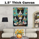 Springtime Celebration: Black and White Cat Mom Carrying Three Kittens in an Egg-Filled Basket on Ready to Hang 1.5" Thick Canvas Wrap, Floating Framed Canvas, Flat Rolled Canvas