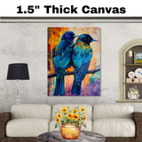 Vibrant Bird Pair Artwork Featuring Deep Blue and Teal Feathers with Hints of Gold on a Branch Against a Bold Abstract Background in Fiery Warm and Cool Tones on Ready to Hang 1.5" Thick Canvas Wrap, Floating Framed Canvas, Flat Rolled Canvas