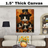 Autumn Elegance: Tuxedo Cat Mom and Three Kittens with Orange Ribbon on Ready to Hang 1.5" Thick Canvas Wrap, Floating Framed Canvas, Flat Rolled Canvas