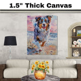Playful Watercolor Painting of Fluffy Dog Running Along the Shore with Splashes and Seagulls in a Sunset Beach Scene on Ready to Hang 1.5" Thick Canvas Wrap, Floating Framed Canvas, Flat Rolled Canvas