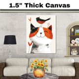 Playful Calico Cat Smiling with a Cute Red and Black Bird on Its Head in Minimalist Illustration Style on Ready to Hang 1.5" Thick Canvas Wrap, Floating Framed Canvas, Flat Rolled Canvas