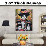 Victorian Grace: Tuxedo Cat Mom Carrying Three Kittens in a Floral Ensemble on Ready to Hang 1.5" Thick Canvas Wrap, Floating Framed Canvas, Flat Rolled Canvas