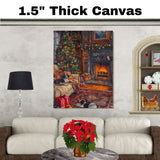 Vintage Christmas Living Room with Tree, Fireplace, and Sleeping Puppies, Cozy Holiday Scene with Warm Lights, Gifts, and Festive Garland on Ready to Hang 1.5" Thick Canvas Wrap, Floating Framed Canvas, Flat Rolled Canvas