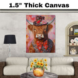 Timeless Nobility: Whimsical Highland Cattle in a Victorian-Era European Suit and Hat Heartwarming Classic Artwork on Ready to Hang 1.5" Thick Canvas Wrap, Floating Framed Canvas, Flat Rolled Canvas