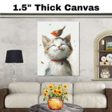 Adorable Painting of a Smiling Kitten with a Robin on Its Head and Red Collar Perfect for Whimsical Animal Decor or a Gift for Cat and Bird Lovers on Ready to Hang 1.5" Thick Canvas Wrap, Floating Framed Canvas, Flat Rolled Canvas