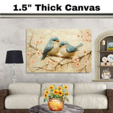Oil Painting of Two Bluebirds Sitting on a Blossoming Branch Surrounded by Soft Pastel Flowers Featuring Textured Brush Strokes and a Serene Springtime Setting on Ready to Hang 1.5" Thick Canvas Wrap, Floating Framed Canvas, Flat Rolled Canvas