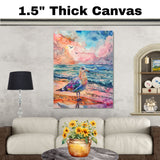 Vibrant Watercolor Seagull by Ocean with Colorful Sky and Waves in a Lively Coastal Beach Scene on Ready to Hang 1.5" Thick Canvas Wrap, Floating Framed Canvas, Flat Rolled Canvas