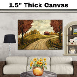 Winding Autumn Road with Red Barn and Fences – Rustic Folk Art Country Landscape Painting on Ready to Hang 1.5" Thick Canvas Wrap, Floating Framed Canvas, Flat Rolled Canvas