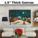 Christmas Village with Colorful Houses, Decorated Trees, and Reindeer Beneath a Starry Snowy Winter Night Sky on Ready to Hang 1.5" Thick Canvas Wrap, Floating Framed Canvas, Flat Rolled Canvas