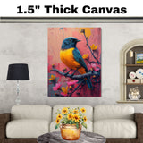 Golden Yellow and Blue Songbird on a Flowering Branch with Pink and Coral Abstract Background on Ready to Hang 1.5" Thick Canvas Wrap, Floating Framed Canvas, Flat Rolled Canvas