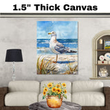 Watercolor Painting of a Seagull Standing on a Sandy Beach by the Ocean on Ready to Hang 1.5" Thick Canvas Wrap, Floating Framed Canvas, Flat Rolled Canvas