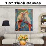 Elegant Cockatoo Pair Artwork Featuring White and Peach Parrots with Flared Crests Sitting Together on a Branch with a Colorful Abstract Background on Ready to Hang 1.5" Thick Canvas Wrap, Floating Framed Canvas, Flat Rolled Canvas
