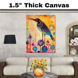 Vibrant Painting of a Whimsical Bird with Colorful Dot Patterns Standing Among Fantasy Flowers on a Bright Abstract Background for Bold Artistic Spaces on Ready to Hang 1.5" Thick Canvas Wrap, Floating Framed Canvas, Flat Rolled Canvas
