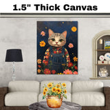 Adorable Gray Tabby Cat in Overalls Hand Painted Floral Art Whimsical Night Scene Perfect for Nursery Kids Room Bedroom Wall Decor or Gifts for Cat Lovers on Ready to Hang 1.5" Thick Canvas Wrap, Floating Framed Canvas, Flat Rolled Canvas