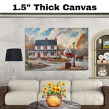 Winter Farmhouse – Cozy Snow-Covered Country Home with Red Barn and Horse Wall Art Print on Ready to Hang 1.5" Thick Canvas Wrap, Floating Framed Canvas, Flat Rolled Canvas