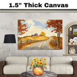 Golden Autumn Country Road with Red Farmhouse and Trees – Serene Folk Art Landscape Print on Ready to Hang 1.5" Thick Canvas Wrap, Floating Framed Canvas, Flat Rolled Canvas