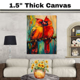 Romantic Cardinal Pair Artwork Featuring Bright Red and Golden Plumage Perched on a Branch Against a Lush Teal and Yellow Abstract Forest Background on Ready to Hang 1.5" Thick Canvas Wrap, Floating Framed Canvas, Flat Rolled Canvas