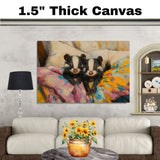 Sweet Painting of Two Baby Skunks Nestled in Colorful Bedding with Curious Faces and Bright Eyes Surrounded by Soft Pillows and Vibrant Brushstrokes on Ready to Hang 1.5" Thick Canvas Wrap, Floating Framed Canvas, Flat Rolled Canvas