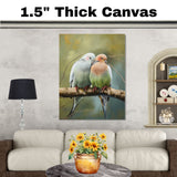 Charming Bird Couple Snuggled on Branch in Soft Pastel Tones with Forest Background Perfect for Romantic Ambiance and Nature Inspired Art Lovers on Ready to Hang 1.5" Thick Canvas Wrap, Floating Framed Canvas, Flat Rolled Canvas