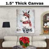 Whimsical Christmas Donkey Ice Skating in Red Plaid Scarf and Antler Hat Canvas or Wall Art Print on Ready to Hang 1.5" Thick Canvas Wrap, Floating Framed Canvas, Flat Rolled Canvas