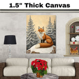 Tranquil Winter Fox Canvas – Realistic Red Fox Sitting in Snowy Forest with Pine Trees and Falling Snow on Ready to Hang 1.5" Thick Canvas Wrap, Floating Framed Canvas, Flat Rolled Canvas