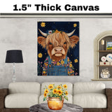 Highland Cow Wall Art Happy Cow in Overalls with Flowers Whimsical Rustic Farmhouse Decor for Kids Room Bedroom or Gift for Cow and Animal Art Lovers on Ready to Hang 1.5" Thick Canvas Wrap, Floating Framed Canvas, Flat Rolled Canvas