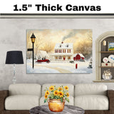 Charming Winter Painting of White Farmhouse with Red Truck, Barn, Snow-Covered Trees, and Warm Sunset Glow on Ready to Hang 1.5" Thick Canvas Wrap, Floating Framed Canvas, Flat Rolled Canvas