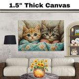 Painting of Two Cute Kittens Snuggled in Colorful Floral Blankets with Big Eyes and Soft Fur in a Cozy Bed Surrounded by Pillows in a Warm Whimsical Setting on Ready to Hang 1.5" Thick Canvas Wrap, Floating Framed Canvas, Flat Rolled Canvas