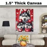 Valentine's Day Joy: A Siberian Husky Mom and Her Adorable Puppies Surrounded by Hearts and Blooms on Ready to Hang 1.5" Thick Canvas Wrap, Floating Framed Canvas, Flat Rolled Canvas