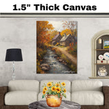 Quiet Waters – Fall Stream and Country Cottages on Ready to Hang 1.5" Thick Canvas Wrap, Floating Framed Canvas, Flat Rolled Canvas