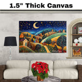 Whimsical Christmas Night with Rolling Hills, Glowing Homes, and Decorated Trees Under a Starry Sky in Folk Art on Ready to Hang 1.5" Thick Canvas Wrap, Floating Framed Canvas, Flat Rolled Canvas