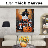 Enchanted Autumn Gathering: Tuxedo Cat Mom in Witch Hat with Three Kittens and Carved Pumpkin on Ready to Hang 1.5" Thick Canvas Wrap, Floating Framed Canvas, Flat Rolled Canvas