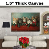 "Retro Christmas Charm: Five Adorable Kittens" Vintage-Style Holiday Scene on Ready to Hang 1.5" Thick Canvas Wrap, Floating Framed Canvas, Flat Rolled Canvas