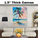 Vibrant Palm Tree by the Sea Watercolor Painting with Colorful Sunset Sky on Ready to Hang 1.5" Thick Canvas Wrap, Floating Framed Canvas, Flat Rolled Canvas