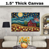 Patriotic Farmhouse Under Starry Sky with American Flag and Flower Field, Folk Art Style 4th of July Scene in Bold Colors and Textured Brushstrokes on Ready to Hang 1.5" Thick Canvas Wrap, Floating Framed Canvas, Flat Rolled Canvas
