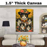 Graceful Blooms: Tuxedo Cat Mom in Victorian Attire Carrying Four Kittens on Ready to Hang 1.5" Thick Canvas Wrap, Floating Framed Canvas, Flat Rolled Canvas