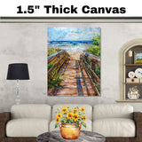 Coastal Boardwalk to Beach Watercolor Painting – Ocean Pathway Scene with Dunes, Waves, and Sky on Ready to Hang 1.5" Thick Canvas Wrap, Floating Framed Canvas, Flat Rolled Canvas