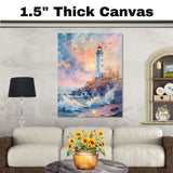 Majestic Lighthouse on Rocky Shore at Sunrise with Crashing Waves and Radiant Sky in Serene Watercolor Nautical Scene on Ready to Hang 1.5" Thick Canvas Wrap, Floating Framed Canvas, Flat Rolled Canvas