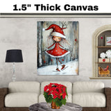 Christmas Witch Ice Skating Print – Whimsical Red Dress & Antler Hat Holiday Art, Winter Fairy Girl Wall Decor, Enchanted Snow Scene for Kids Room or Nursery on Ready to Hang 1.5" Thick Canvas Wrap, Floating Framed Canvas, Flat Rolled Canvas