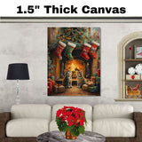 Adorable Christmas Kittens Sitting by Fireplace with Stockings and Tree Festive Holiday Scene Perfect for Home Winter Decor and Seasonal Gift on Ready to Hang 1.5" Thick Canvas Wrap, Floating Framed Canvas, Flat Rolled Canvas