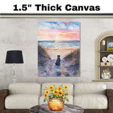 Watercolor Painting of Dog Sitting on Sandy Path Watching Ocean Sunset with Grasses and Colorful Sky Reflections on Ready to Hang 1.5" Thick Canvas Wrap, Floating Framed Canvas, Flat Rolled Canvas